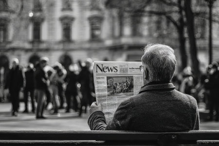 A close-up shot of a mans hands holding a newspaper in a full spread, with the word News clearly visible in a bold headline. The texture of the paper and the printed columns create a classic, tactile urban feelの素材