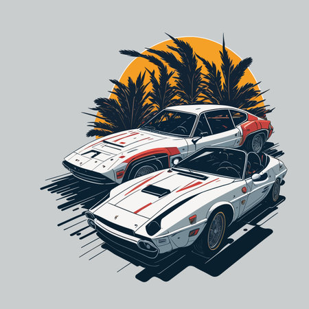 Retro car on the background of palm trees. Vector illustration.のイラスト素材