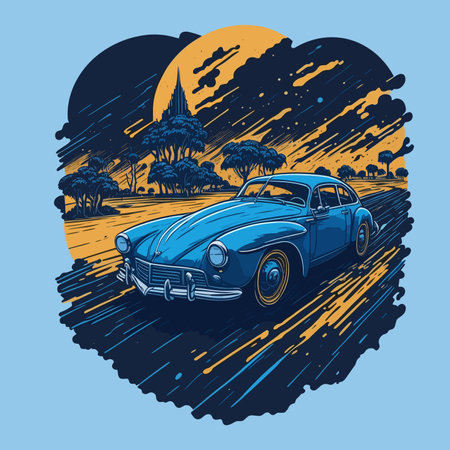 Vintage car on the road. Vector illustration in retro style.のイラスト素材