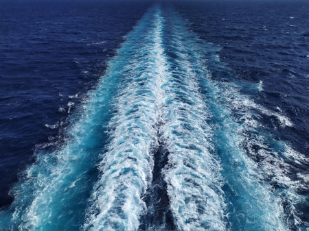 Wake of the ship from the cruise ship in the sea.の写真素材