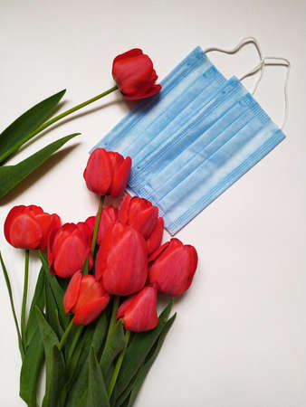 Red tulips and medical masks on white backgroundの写真素材