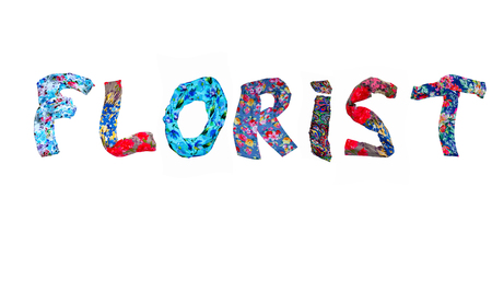 isolated word "florist" lined in fabric with colorful floral printの写真素材