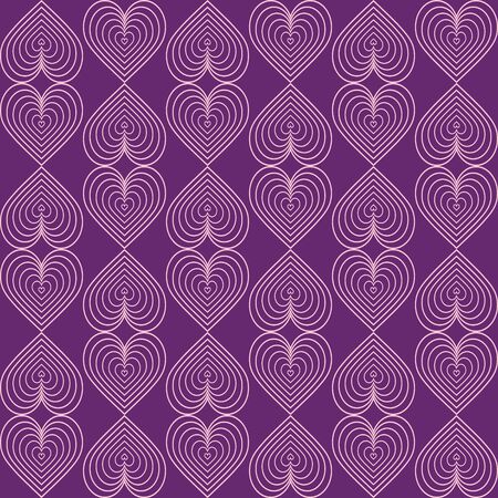 Seamless modern pattern. In vintage art deco style. Isolated pink heart-shaped elements on a purple...