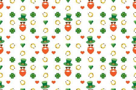 Seamless pattern for Patricks day with stylish print. Hat, beard, mustache, clover leaves, horseshoe for luck. Colored elements isolated on white background. For holiday design, print and moreのイラスト素材