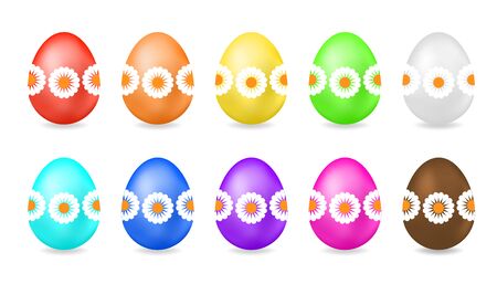 Set of gradient eggs with pattern of daisies. Vector illustration of Colored Easter eggs isolated on white background. Ideal for festive Easter designs, greeting cards, prints and more.のイラスト素材