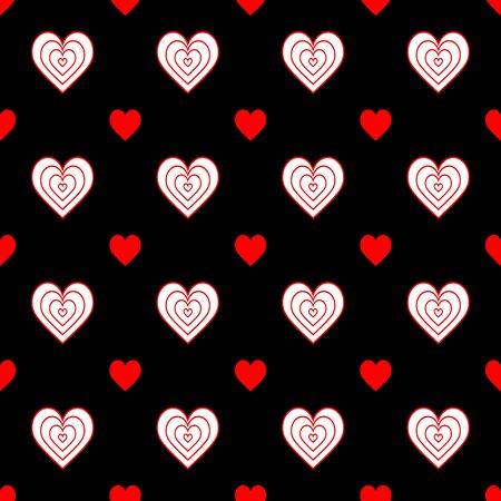 Seamless pattern of white, red, hearts on a black background. Abstract illustration. Creative...