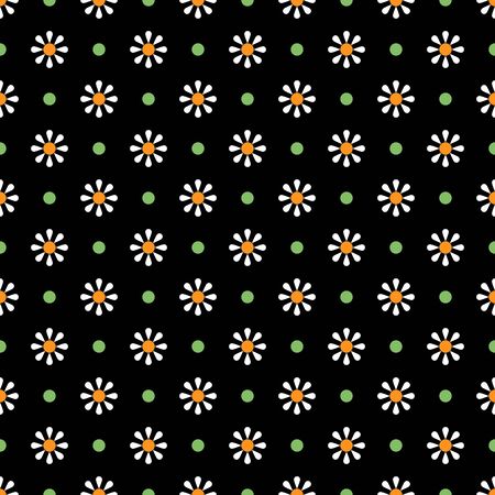 Chamomile geometric seamless pattern. Isolated daisy on black background, abstract simple flower design. Modern minimal design. Vector illustration perfect for graphic design ,textiles, print etc.のイラスト素材
