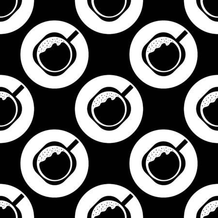 Seamless vector pattern. Coffee with foam in a cup and with a saucer. Black and white illustration of the top view. Creative background for the graphic design of posters, postcards, menus, textiles.のイラスト素材