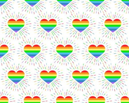 Seamless pattern. Heart with rays rainbow color. Vector illustration of striped heart on white background for holiday designs, greeting cards, holiday prints, designer packaging, stylish textile, etcのイラスト素材