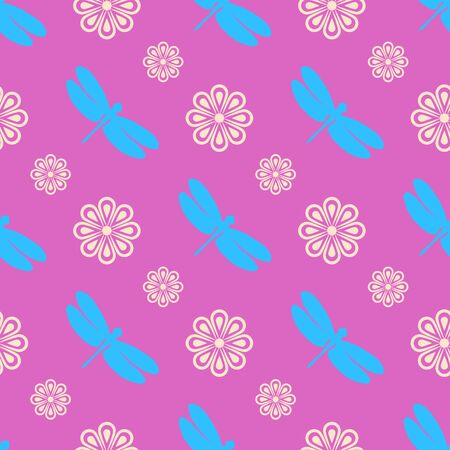 Abstract seamless pattern with flowers and dragonflies. Stock vector illustration. Blue and white elements on a pink background. Creative idea for the design of backgrounds, cards, textiles, packagingのイラスト素材