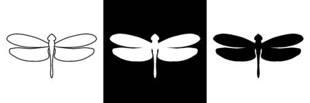 Set icons of Dragonfly. Silhouette and outline of insect. Isolated template of forms on a black or white background.のイラスト素材