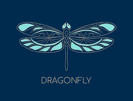 Openwork dragonfly icon. Colorful element with outlines on dark blue background. Stock vector illustration. Creative modern concept for designs banners, cards, logo, prints, packings, covers, etc.のイラスト素材