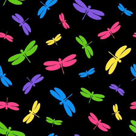 Seamless pattern with multicolor dragonflies. Colorful elements on a black background. Stock vector illustration. Great, creative idea for modern designs backdrops, cards, textiles, packings, fabric.のイラスト素材
