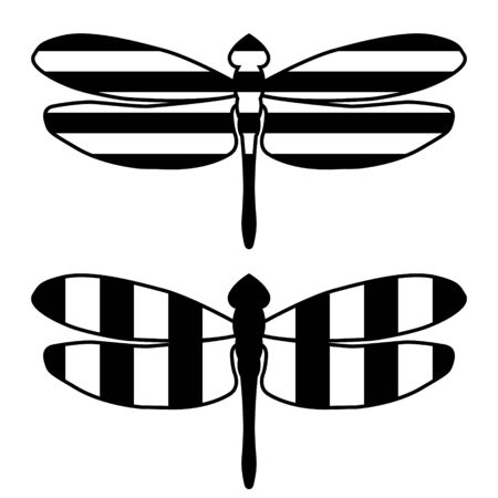 Black and white dragonfly icon. Striped isolated element with an outline on a white background. Vector illustration.のイラスト素材