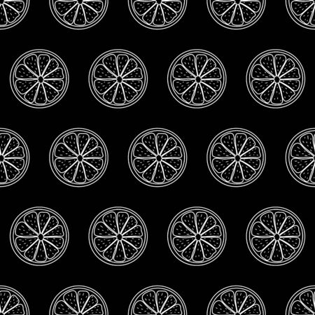 Seamless pattern with sliced pieces of citrus fruit. Black and white stylish simple backdrop. Vector illustration. Ideas for modern creative designs of backgrounds, print, packing, textile, menus.のイラスト素材