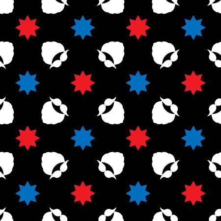 Seamless vector pattern with a mustache, beard, and decorative stars. White, red, blue elements on a black background. Illustration for designs backdrops, posters, cards, packing, print, textiles, etcのイラスト素材