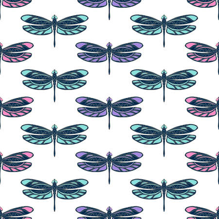 Seamless pattern with openwork dragonflies. Vector illustration. Isolated colorful elements on a white background. Creative idea for designs backdrops, cards, textiles, prints, packings, wallpapers.のイラスト素材
