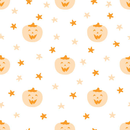 Cute monochrome seamless pattern with pumpkin and stars. Vector illustration in orange tones great for background, decorations, cards, wallpaper, digital paper, wrappings, prints, fabrics, textiles.のイラスト素材