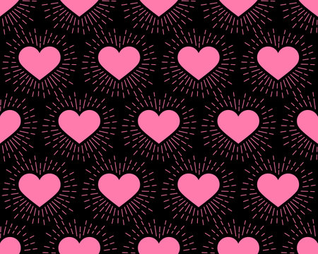 Seamless pattern. Pink Hearts with rays on a black background. Vector illustration. The idea for holiday designs, greeting cards, holiday prints, designer packaging, stylish textile, etc.のイラスト素材