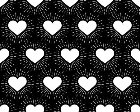 Seamless pattern. White Heart with rays on a Black background. Vector illustration. The idea for holiday designs, greeting cards, holiday prints, designer packaging, stylish textile, etc.のイラスト素材