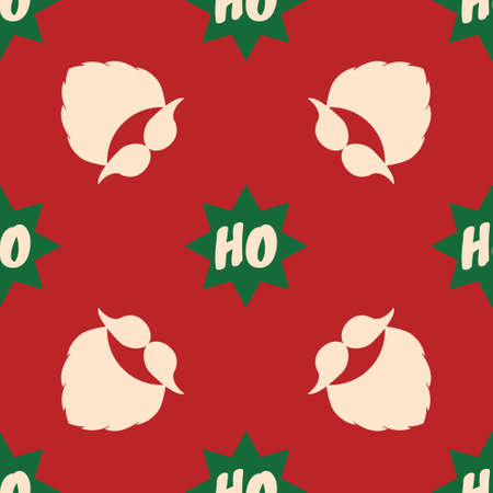 Christmas pattern. Vector seamless background with a beard, mustache, and text Ho Ho Ho in stars....