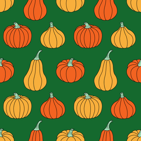 Cool pumpkins on a green background. Seamless vector pattern. Autumn illustrations for holiday decorations, postcards, banners, festive wrapping paper, modern prints, bright fabrics, and textiles.のイラスト素材