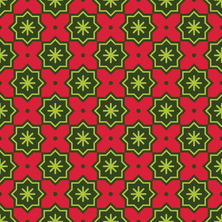 Christmas abstract pattern. Bright seamless pattern with stars and snowflakes on a background. Geometric simple festive texture. Mosaic plaid. Checkered vector illustration. Red, light green, green.のイラスト素材