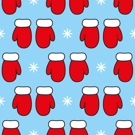 Red mittens and white snowflakes on blue background. Seamless vector pattern. Christmas background for festive designs, textile prints, wrappings, decorations, banners, cards, and invitations.のイラスト素材