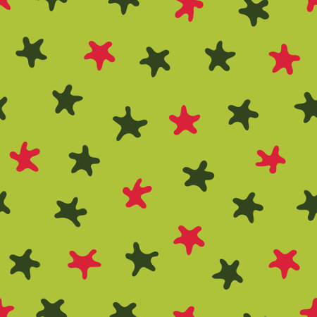 Stars pattern. Seamless vector illustration. Green and red elements on a light green background. Great for backdrop decoration, cards, wallpaper, textiles, fabric, wrappers, additions to the design.のイラスト素材