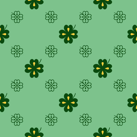 Seamless vector pattern with clover leaves. The holidays backdrop for St. Patricks Day. Colorful elements on the green. Festive background for greeting cards, decoration, packaging design, and web.のイラスト素材