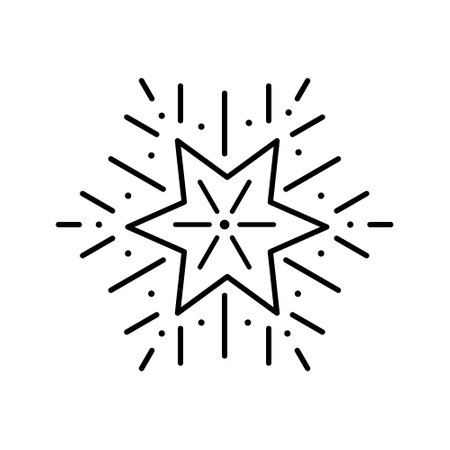 Isolated vector Star Icon on white background. The black outline of star and rays. Christmas winter sign. Modern design for decorations, creatives, greeting cards, packaging design, banners, and webのイラスト素材