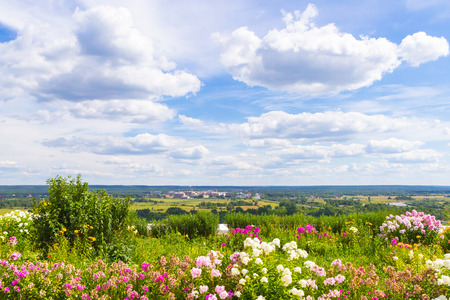 Russian landscape - summer flowers and unusual clouds in the sky.のeditorial素材