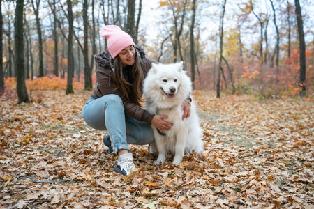 beautiful smiling girl with  Samoyed dog in the autumn park. brunette woman have fun with fluffy beautiful dog . girl is kissing her dogの写真素材