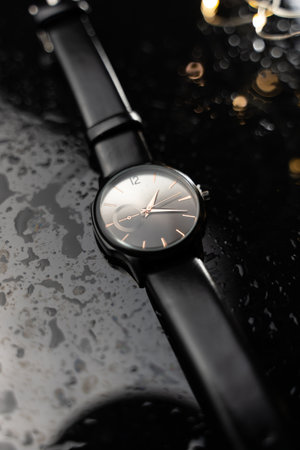 Wrist watch with black dial on a black background close-upの写真素材
