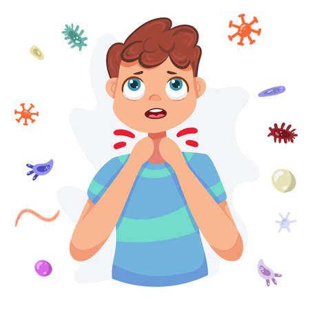 Man having sore throat, flu symptom, cartoon vector illustration isolated on white background. Half portrait of sick man, Guy with sore throat suffering from painのイラスト素材