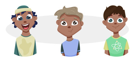 avatars of black men in t-shirts. Cute characters looking upのイラスト素材