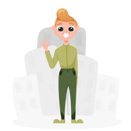 stylish guy stands on the background of the city and waves his handのイラスト素材