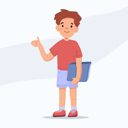 Back to school concept. Little boy with book. Template for design. Cute cartoon character. Vector illustration. Isolated on white backgroundのイラスト素材