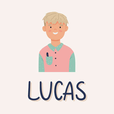 Portrait of a boy and the inscription Lucas in a flat style. Vector illustrationのイラスト素材