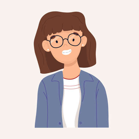 Portrait of a white teenage girl in a jacket and glasses. Vector illustrationのイラスト素材