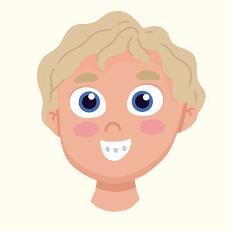 The boy in braces laughs. Live emotion concept. Vector illustration in flat styleのイラスト素材