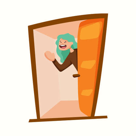 The person welcomes. The man opens the door. Vector illustration in flat styleのイラスト素材