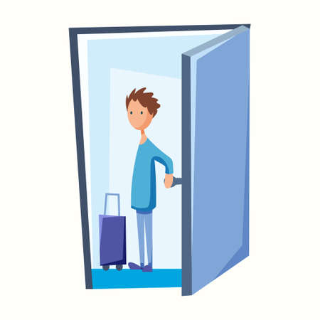 The man leaves the door with a suitcase. The man leaves. Vector illustration in flat styleのイラスト素材