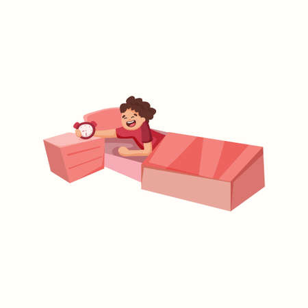 man alarm clock on the bed. Vector illustration in flat styleのイラスト素材
