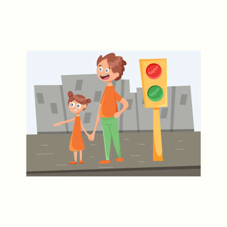 Dad and daughter cross the road. Vector illustration in flat styleのイラスト素材