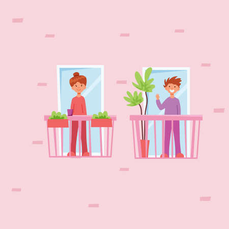 Neighbors on the balcony. Vector illustration in flat styleのイラスト素材