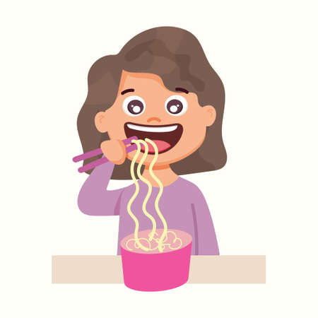 The girl eats noodles. Vector illustration in flat styleのイラスト素材