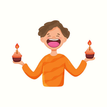 Happy man with cupcakes. Birthday. Vector illustration in flat styleのイラスト素材