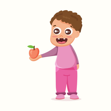 The boy shares an apple. Vector illustration in flat styleのイラスト素材
