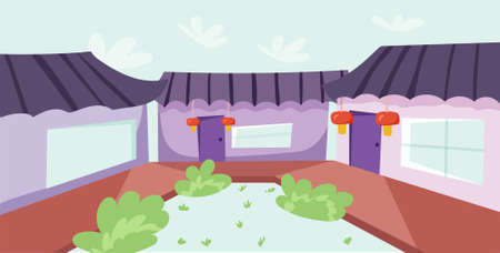 Nice courtyard in china. Vector illustration in flat styleのイラスト素材